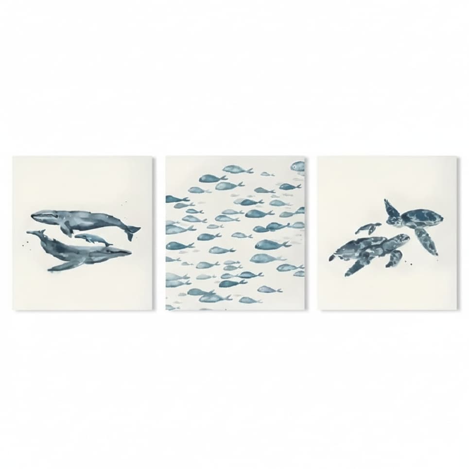 Quadros decorativos Oceano Marinho Azul Pintura Animal (3 peças)