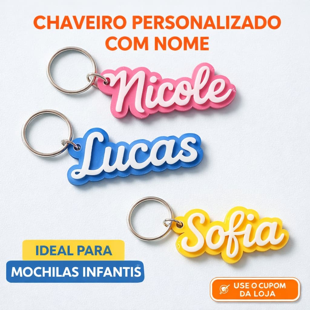 Chaveiro Personalizado com Nome Infantil Escolar - Colorido | Presente Criativo para Mochila e Bolsa