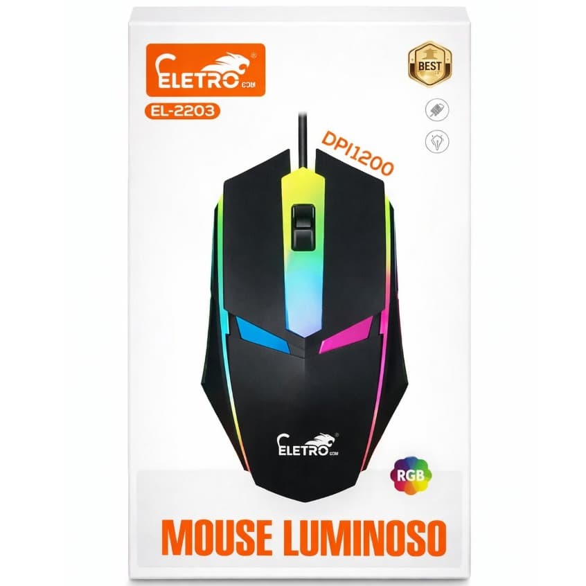 Mouse Gamer Usb Óptico Sensor Laser Para Jogos Computador Gamer Rgb 1200 Dpi ELETROMAX EL-2203