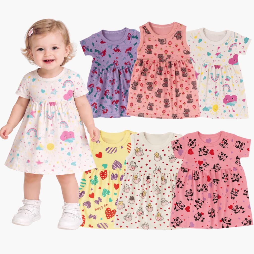 Kit 3 Vestido Estampado de Bebê Menina Verão Calor 100% algodão para o dia a dia P/M/G/GG - BABYGREG