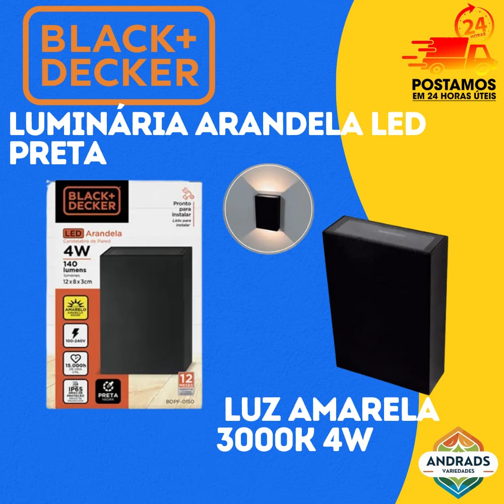 Luminária Arandela LED 4W 3000K Luz Amarela 140 Lúmens – Preta