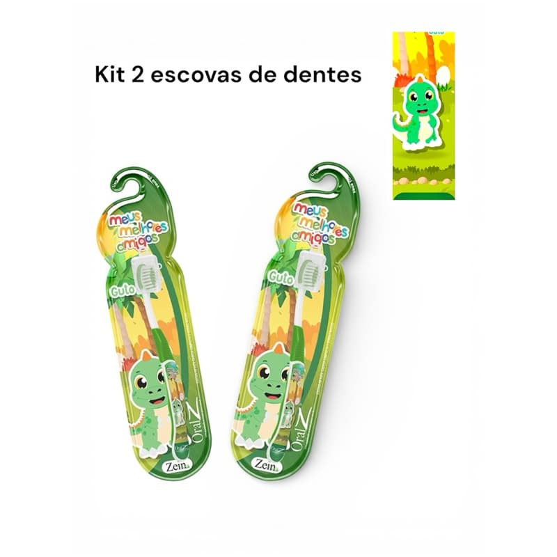 KIt 2 Escovas De Dentes Macias Dinossauro Criança Infantil verde