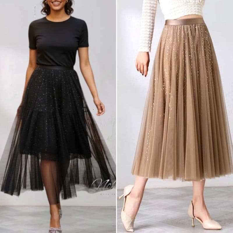Saia de Tule com Paetê Premium | Elegante, Forrada e Brilho Sofisticado | Moda Feminina | Cores Variadas