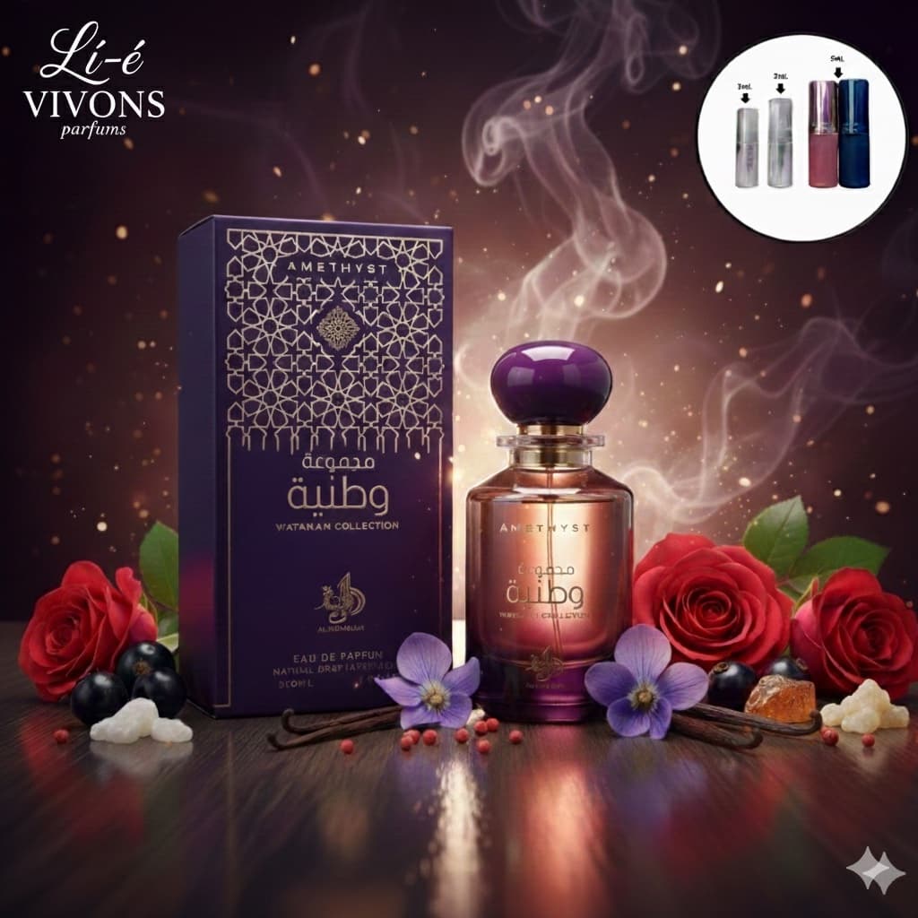 Perfume árabe compartilhável Amethyst Al Wataniah perfume feminino FLORAL ORIENTAL ROSA ADOCICADA OUD INTENSO EXPANSIVO