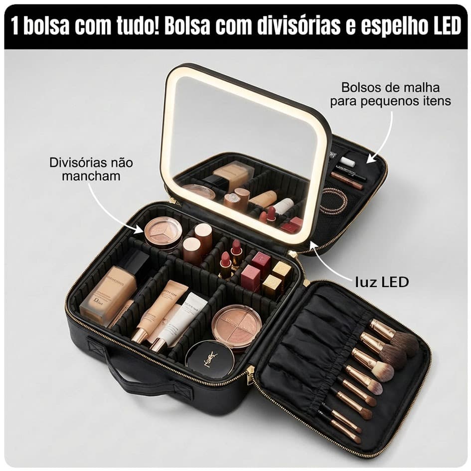 maquiagem completa com tudo espelho com led luz portátil profissiona Bolsa de Maquiagem com Espelho LED