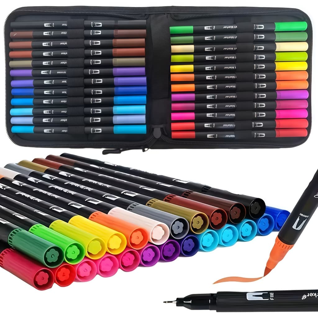 Kit 48/60 Canetas 2 em 1 Brush Lettering e Ponta Fina Dual Pen Canetinha Colorir Desenho