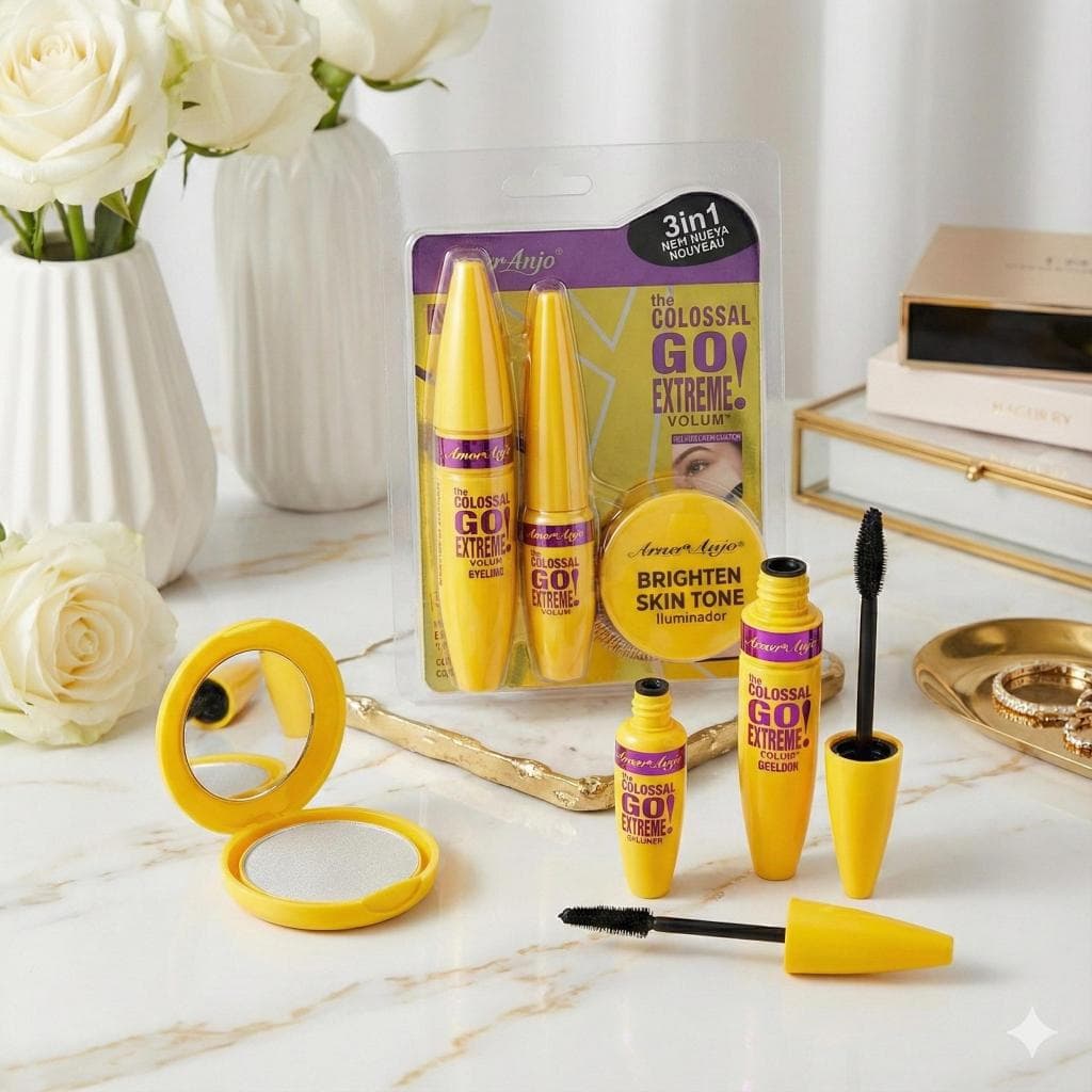 Kit Colossal Amor Anjo 4 em 1: Máscara, Delineador, Iluminador/Blush + Espelho