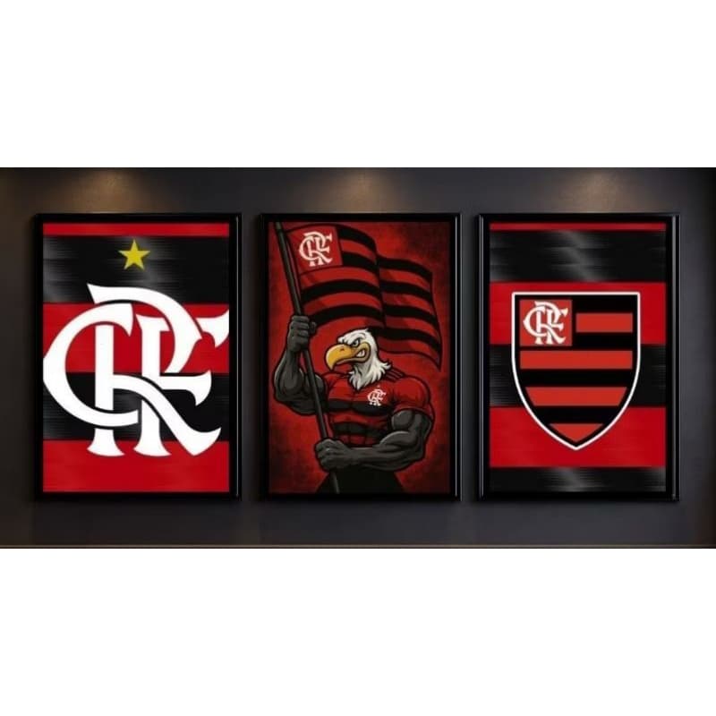 Kit 3 Quadros Decorativos Mosaico - Tema Futebol Rubro-Negro - Urubu Raça e Paixão - H.E.P Decore