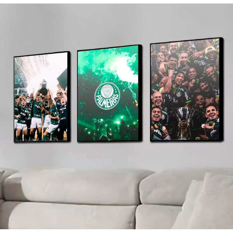Kit 3 Quadros Decorativos Mosaico - Tema Futebol Academia de Futebol - Glórias Verde e Branco - H.E.P Decore