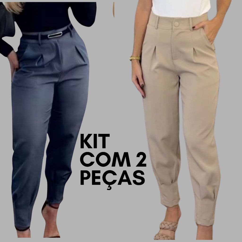 calça social feminina, kit 2 calças, alfaiataria premium  cintura alta, corte reto