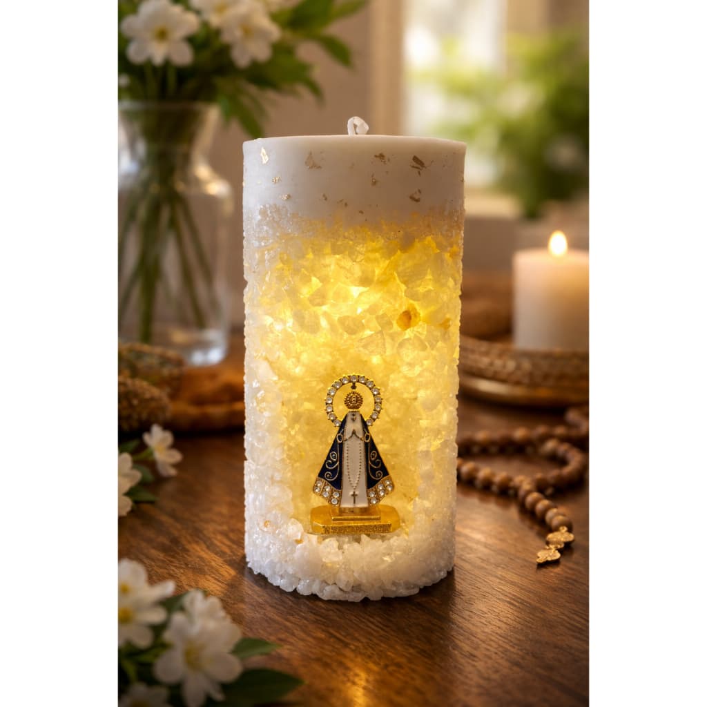 Vela Oratório Nossa Senhora Aparecida Aromática com Led E  Folhas De Ouro