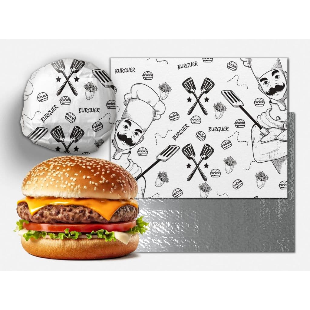 1500 PAPEL 33X38 ACOPLADO TÉRMICO LAMINADO METALIZADO BURGER BURGUER HAMBURGUER BARREIRA ANTIGORDURA
