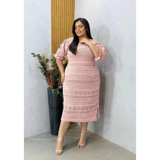 Vestido Feminino midi manga 3/4 moda evangélica PLUS SIZE Oversized tricot forrado gg renda premium
