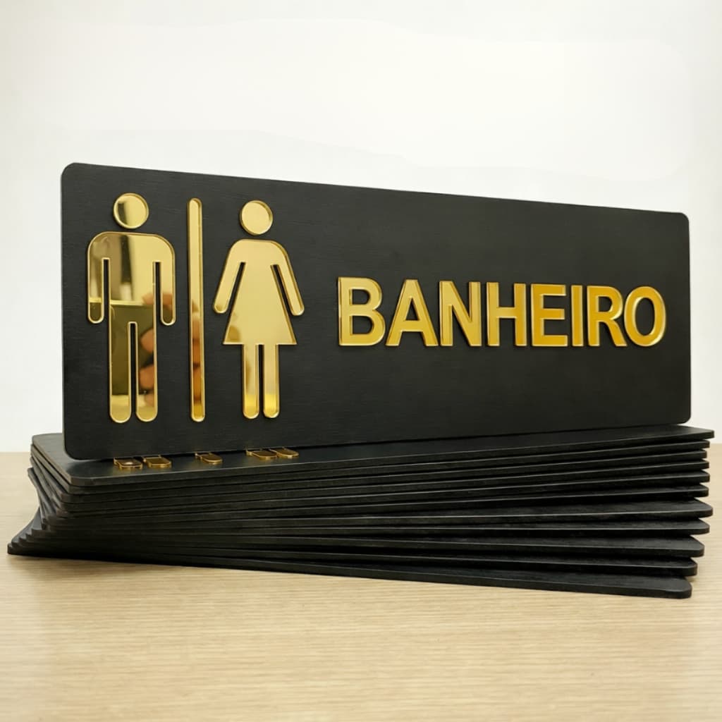 Kit 10 Placas Sinalização MDF Preto Banheiro Unisex Corporativo Comércio Decorativo Identificação Porta