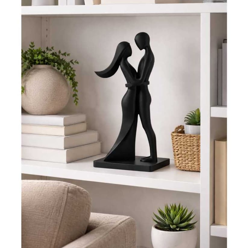 Escultura Casal Abraço Eterno | Decoração Romântica Minimalista Preto Fosco Estatueta Amor Presente