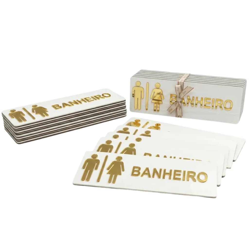 Kit 10 Placas Sinalização MDF Branco Dourado Banheiro Unisex 10x30cm Corporativo Comércio Identificação