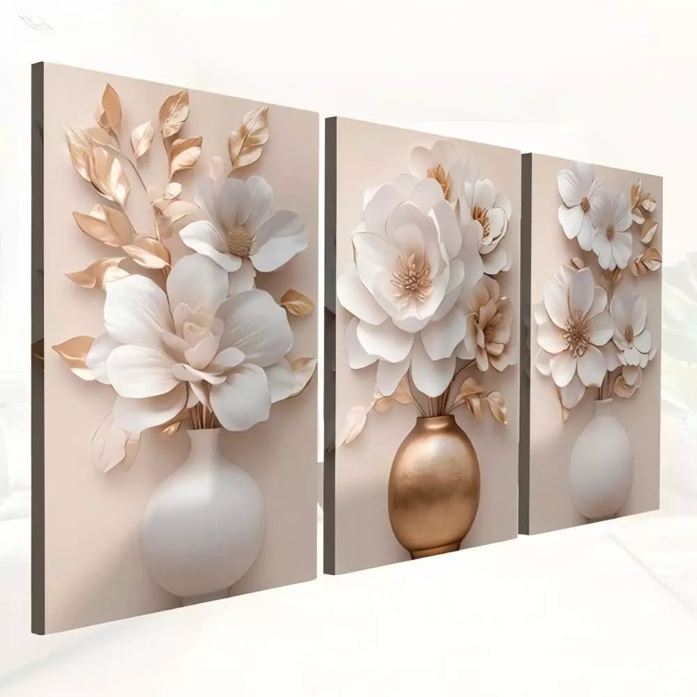 quadros decorativos Trio vasos de flores bege delicadas luxo gold para sala quarto grande hall full