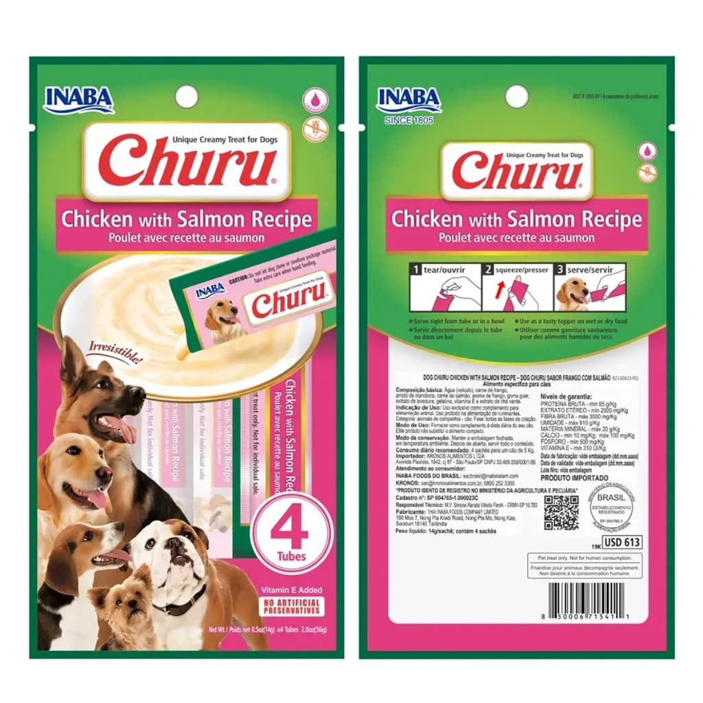 Petisco Cães Churu Dog Purê Sabor Frango com Salmão Cremoso 56g (4 Sachês x 14g) Cachorro