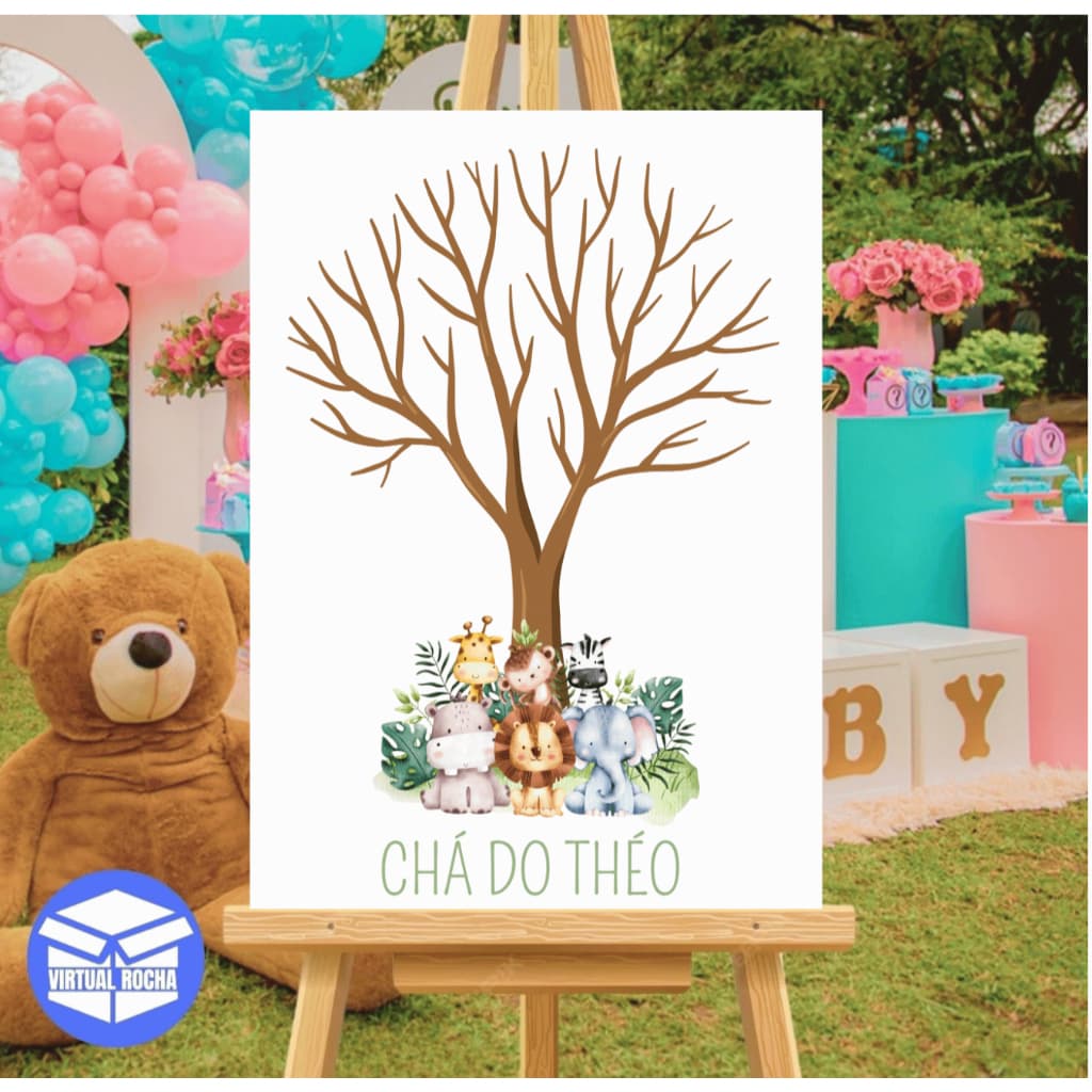 Placa Quadro De Recepção Chá de Bebê de fraldas Árvore Digitais Chá Safari Arvore Marrom