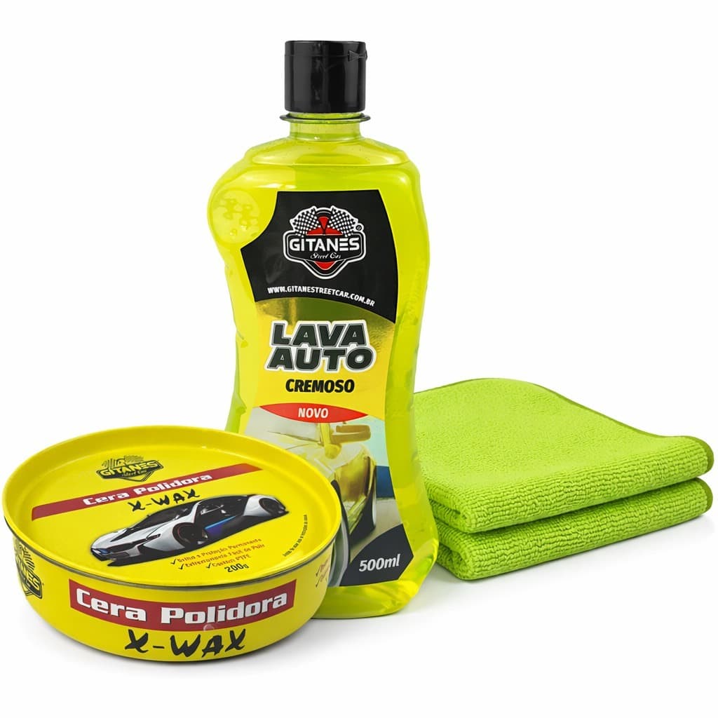 Kit Shampoo Lava Auto 500ml + Cera Polidora Cremosa 200g + Pano Toalha Microfibra Secagem Rápida Carro Moto
