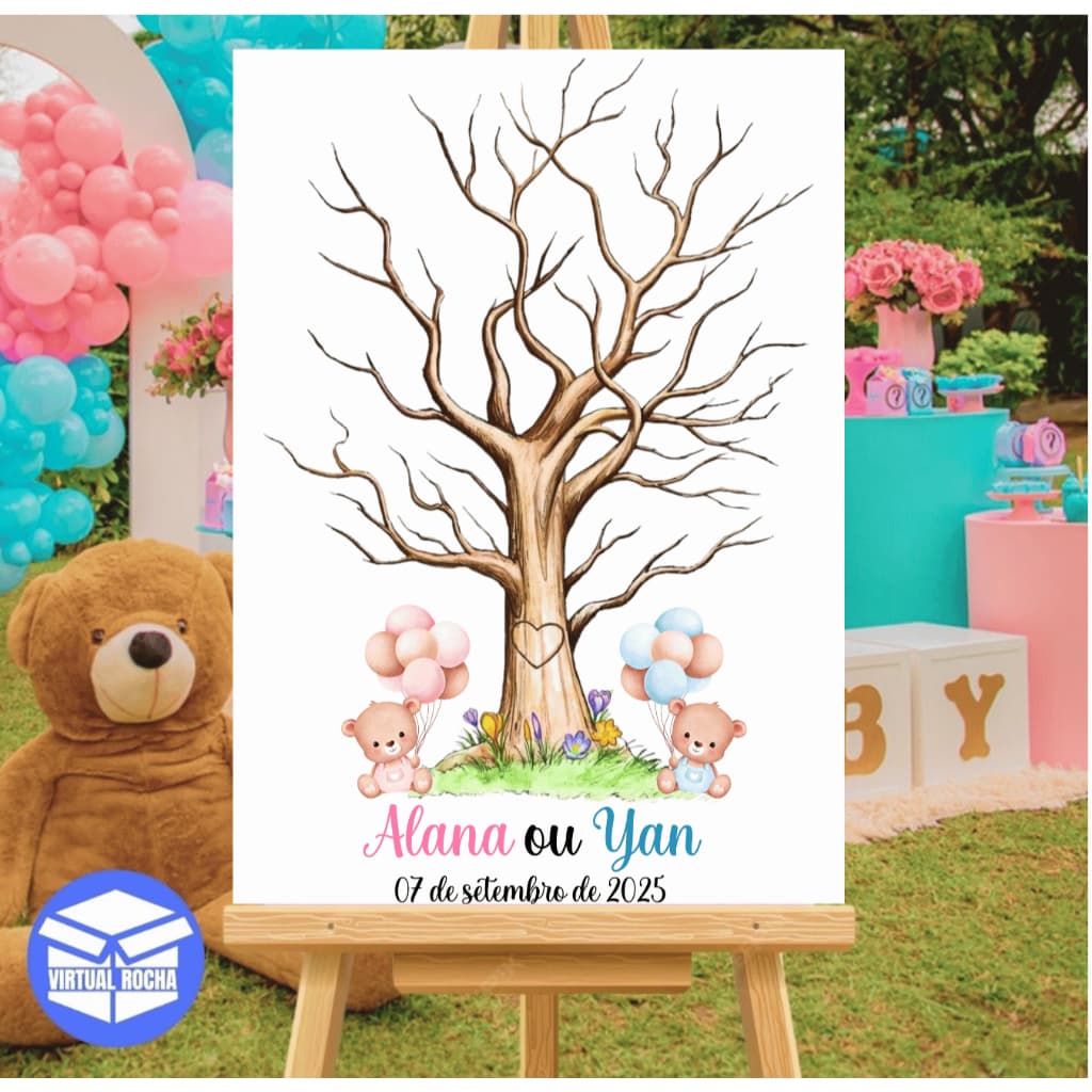 Placa Quadro De Recepção Chá Revelação Árvore Digitais Chá Urso Arvore Marrom