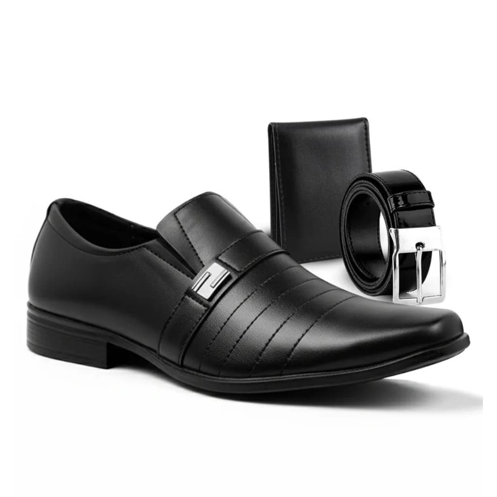 Kit Sapato Social Masculino Elegante Confortável Com Carteira e Cinto Dupla Face