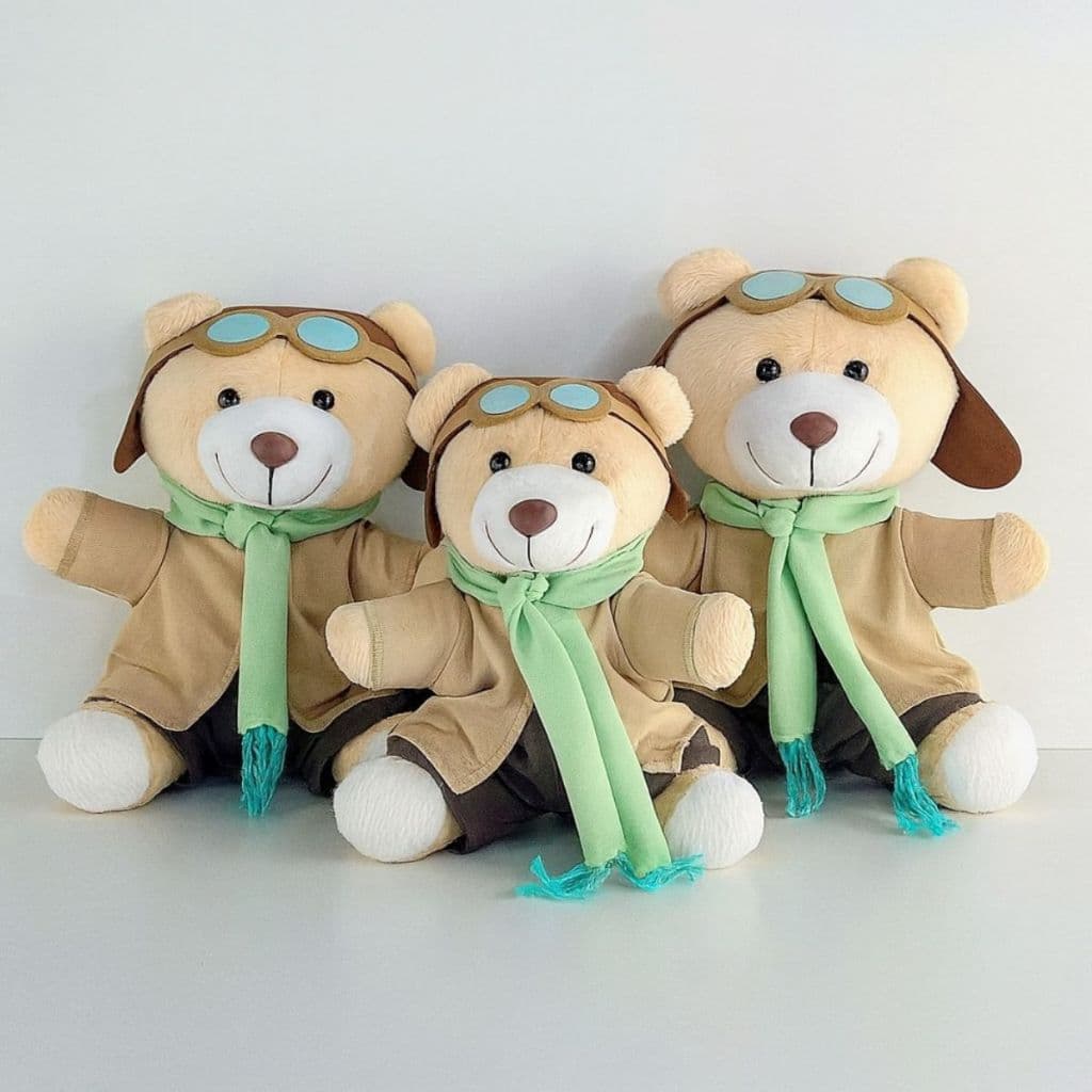 Trio Urso De Pelúcia Aviador Verde- Ursinho Para Nichos Decorações E Ensaios Fotográficos Temático