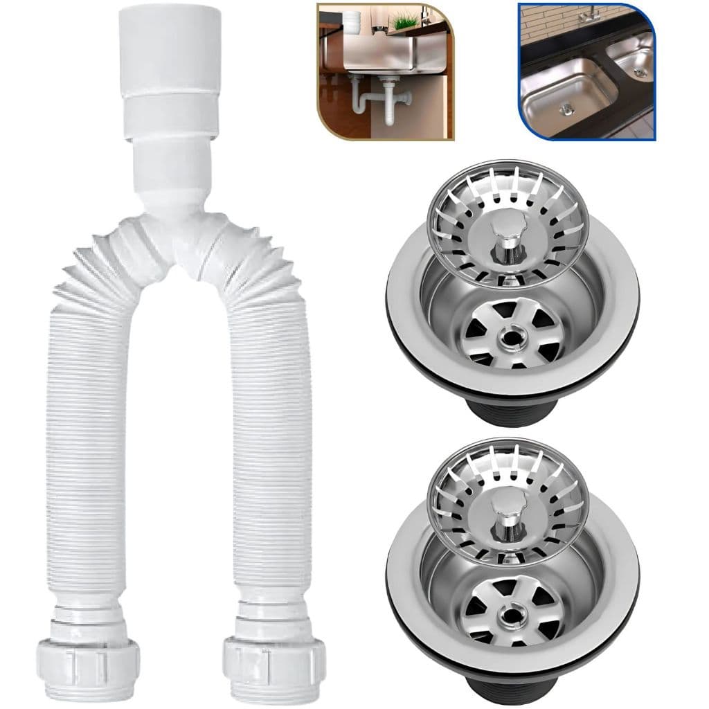 Kit Sifão Duplo Universal Flexível Delflex com 2x Válvulas Americana Pia de Cozinha Inox 3. 1/2