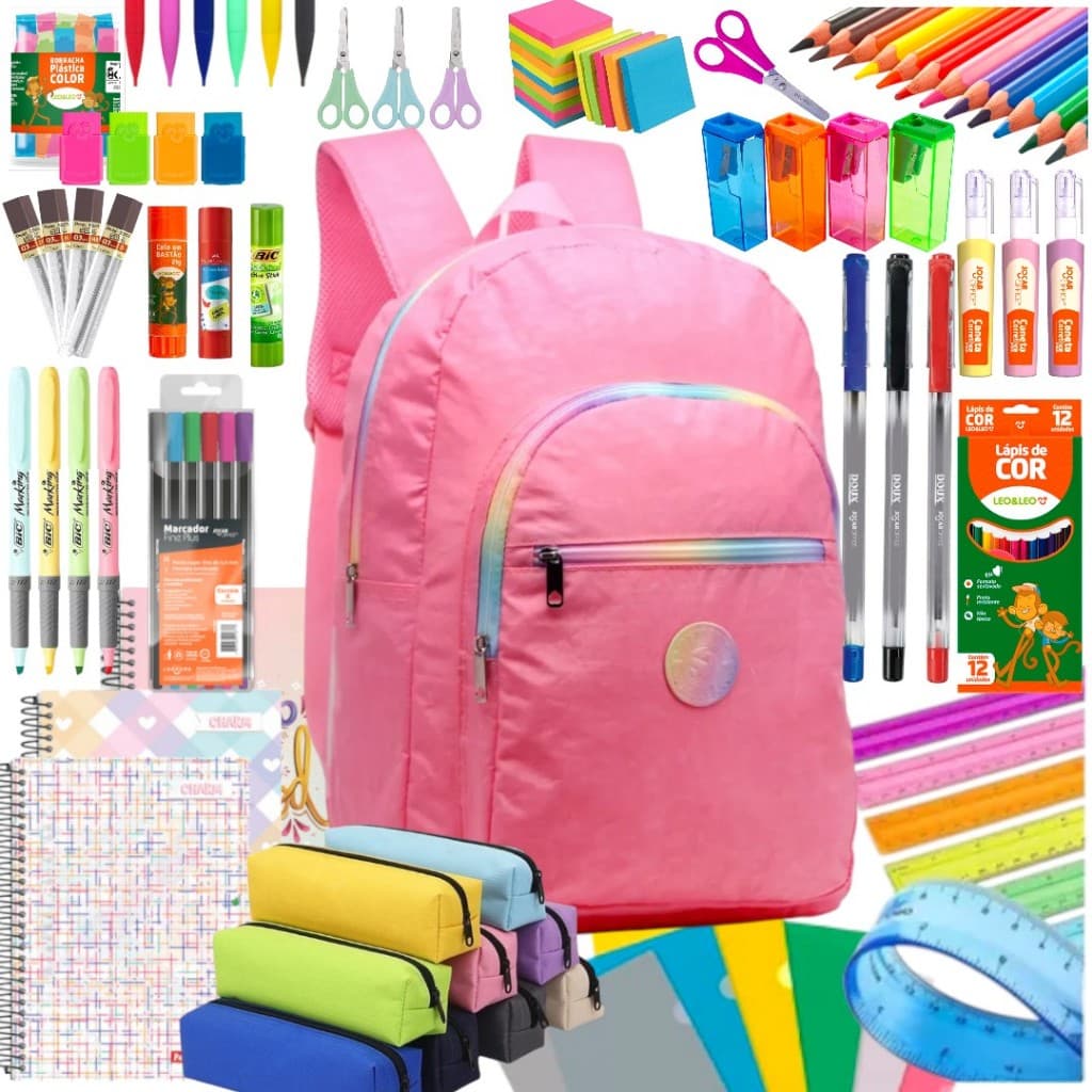 Kit Completo de Material Escolar Feminino Bolsa Caderno Estojo Lápis Volta as Aulas Barato