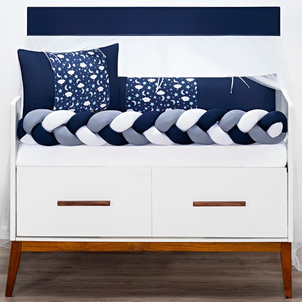 Kit Berço Trança Estampado Fofuxo Lua Azul Marinho Menino 6 Pcs