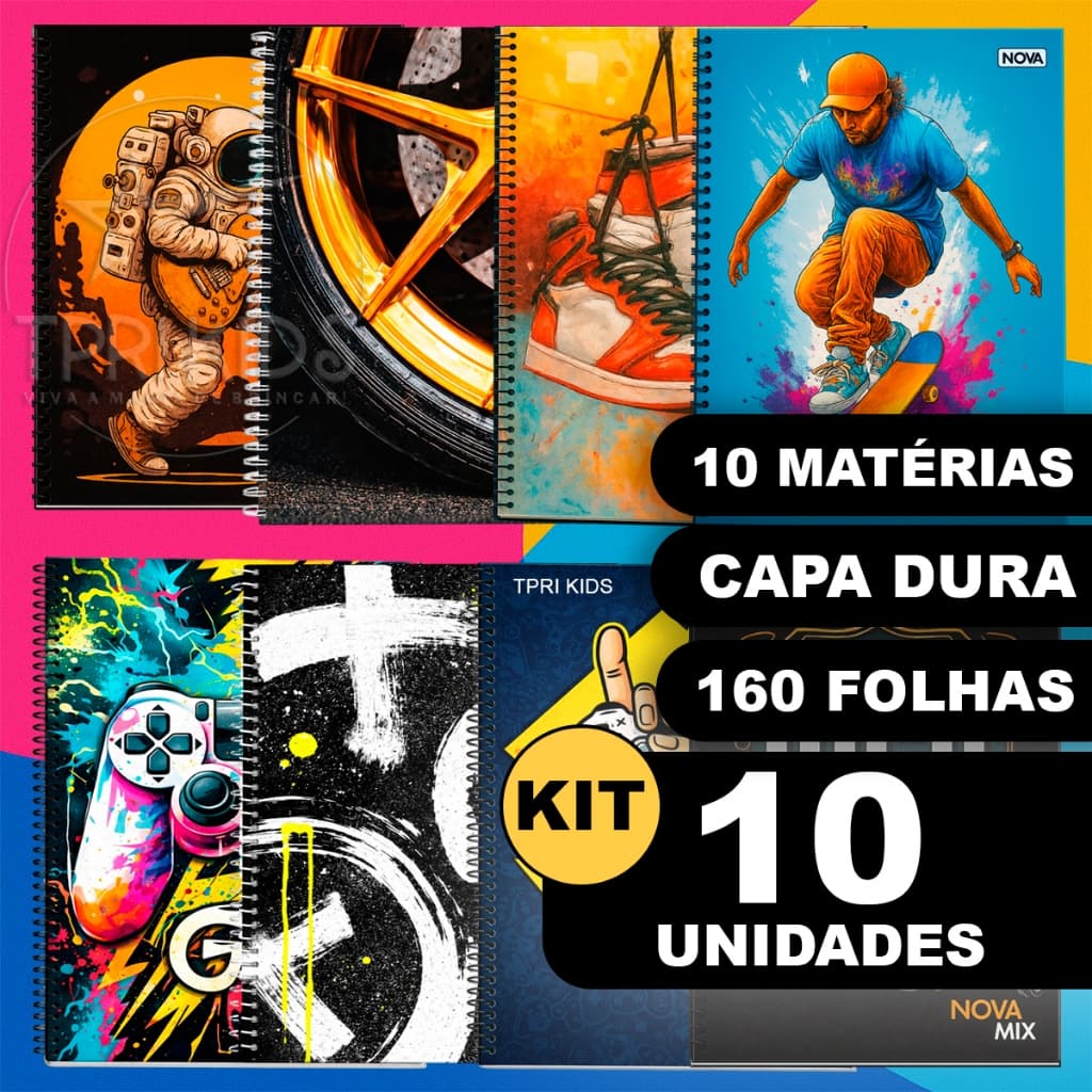 Kit 10 Cadernos 10 Matérias Capa Dura Grande Espiral Menino Material Escolar Faculdade Escola Curso