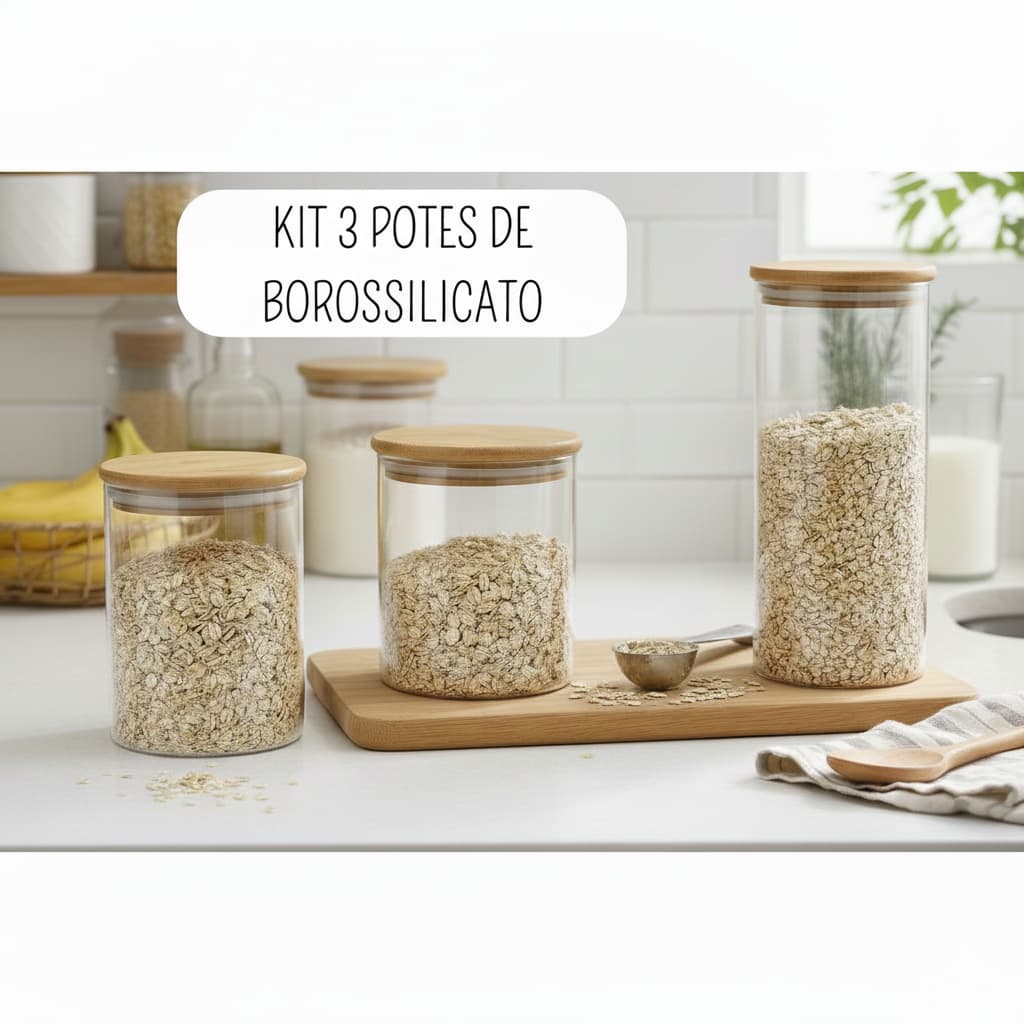 KIT 3 POTE DE VIDRO BOROSSILICATO 550ML 950ML 1800ML TAMPA DE BAMBU HERMÉTICO ORGANIZADOR MODERNO