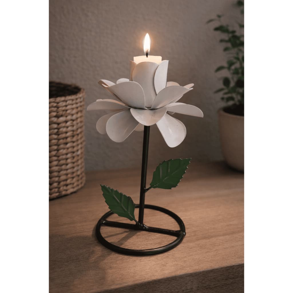 Castiçal Pedestal Pequeno Em Ferro Com Rosas Base Preta