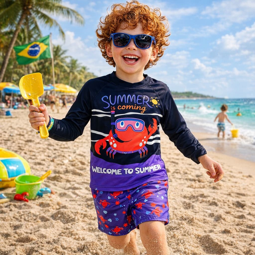 Conjunto Infantil Praia Sunga Boxer + Blusa UV Proteção Solar Caranguejo Verão