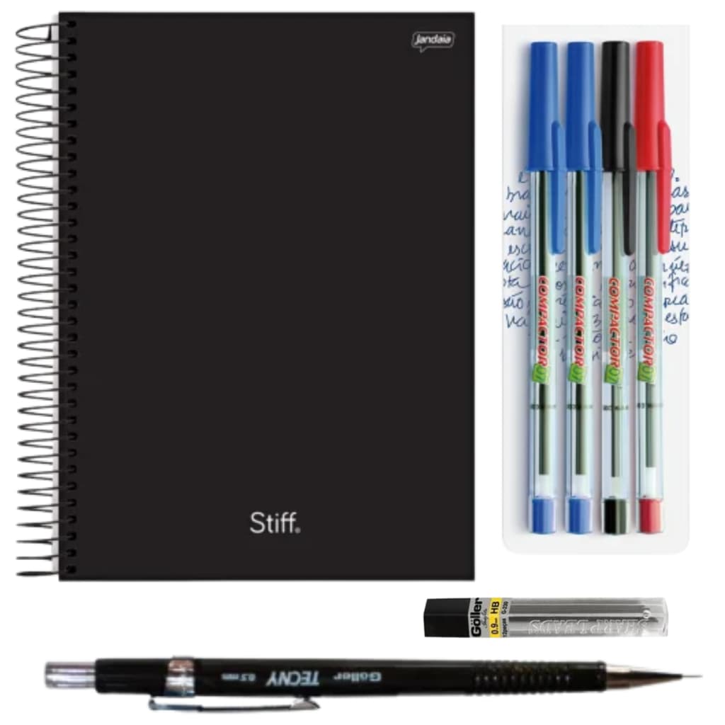 Kit Caderno 160fls 10 matérias + Acessórios Black Canetas Voltas As Aulas Material Escolar