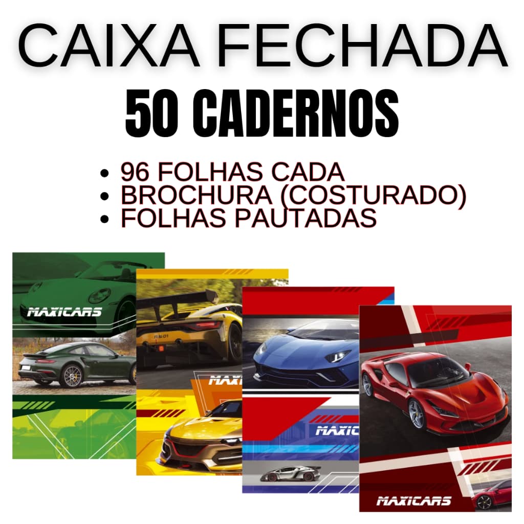 Caixa Fechada 50 Cadernos Carros Maxima Brochura 96fls Atacado Pautados Capa Dura