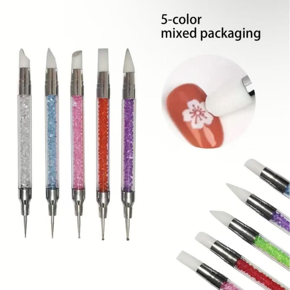 Kit 5 Pincéis Silicone e Boleadores 2 em 1 Ponta Dupla para Decoração de Unhas Nail Art Profissional