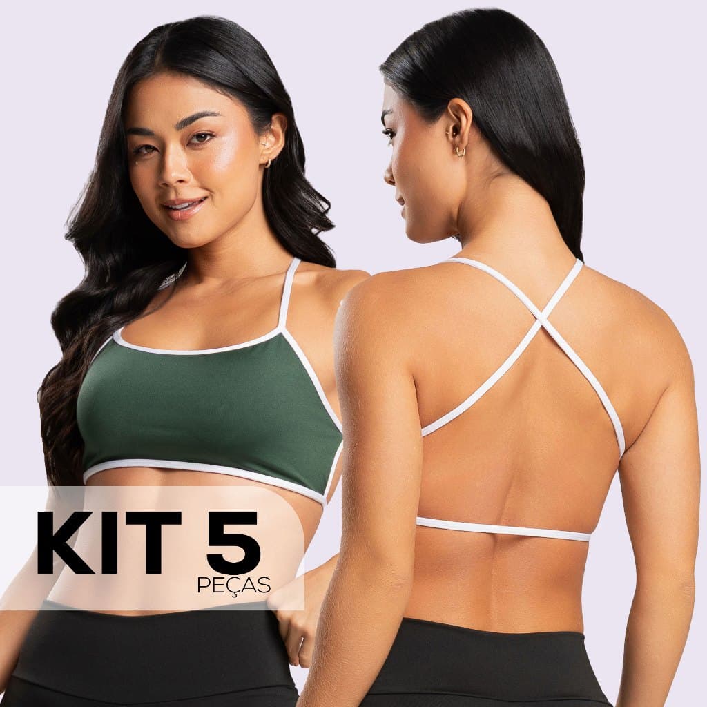 Kit 5 Tops Fitness Bicolor Alcinha Cruzado Costa Nua Feminino com Forro e Encaixe pra Bojo Academia