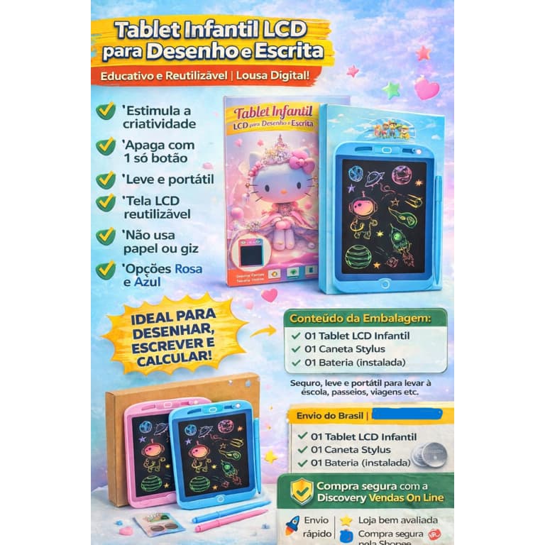 Tablet Infantil LCD para Desenho e Escrita | Lousa Digital Apaga com Botão | Educativo e Reutilizável