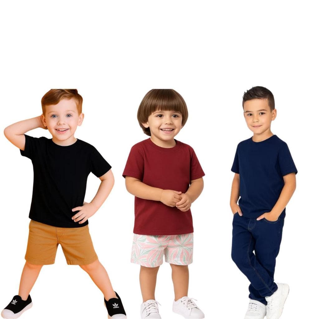 Kit 3 Camisa Camiseta Infantil Masculino Gola O Lisa Manga Curta Básica Malha Algodão
