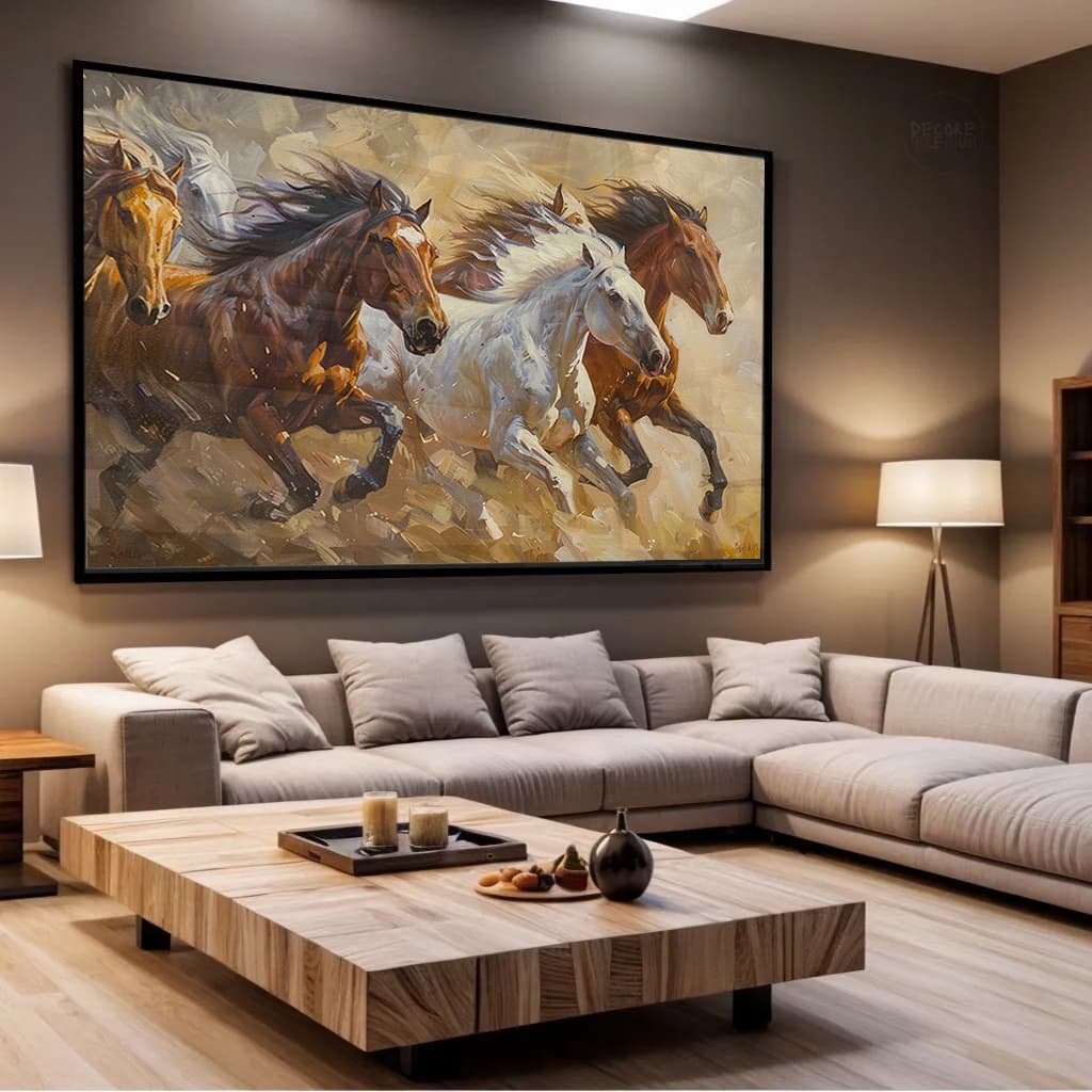Quadro Quatro Cavalos Correndo Corrida Haras Branco Marrom Fazenda Horizontal Moldura E Vidro