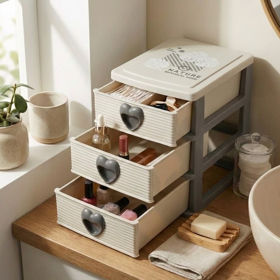 Gaveteiro Mini Organizador Mesa Acessórios Esmalte Maquiagem Remédios Linha 3 Gavetas Coração Fofo