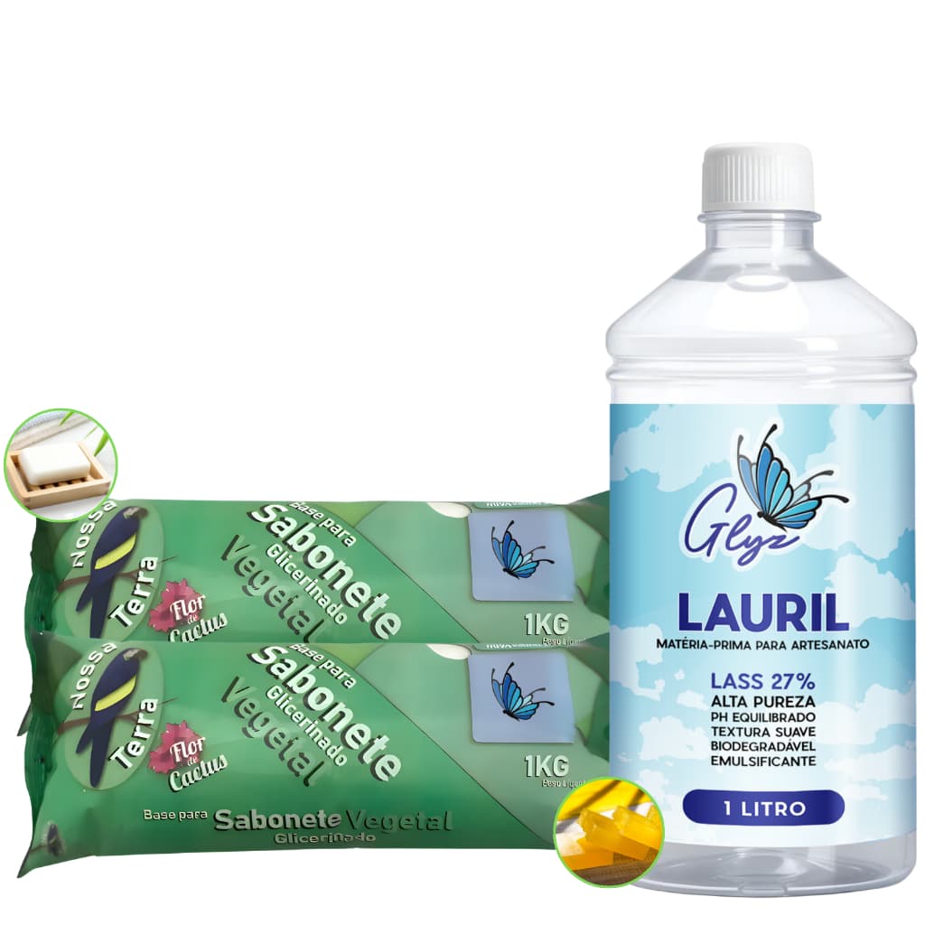 Kit Base Vegana Nossa Terra 1kg com Lauril 27% 1L para fabricação de sabonetes artesanais