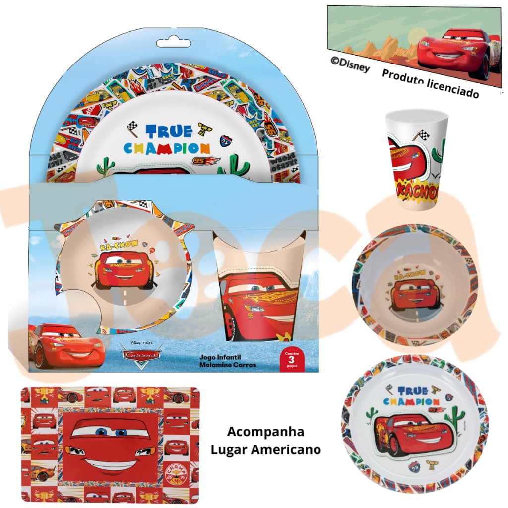 Kit Infantil de Refeição Jogo e Avulso 4 Peças Melamine Carros Relâmpago McQueen-Produto Licenciado