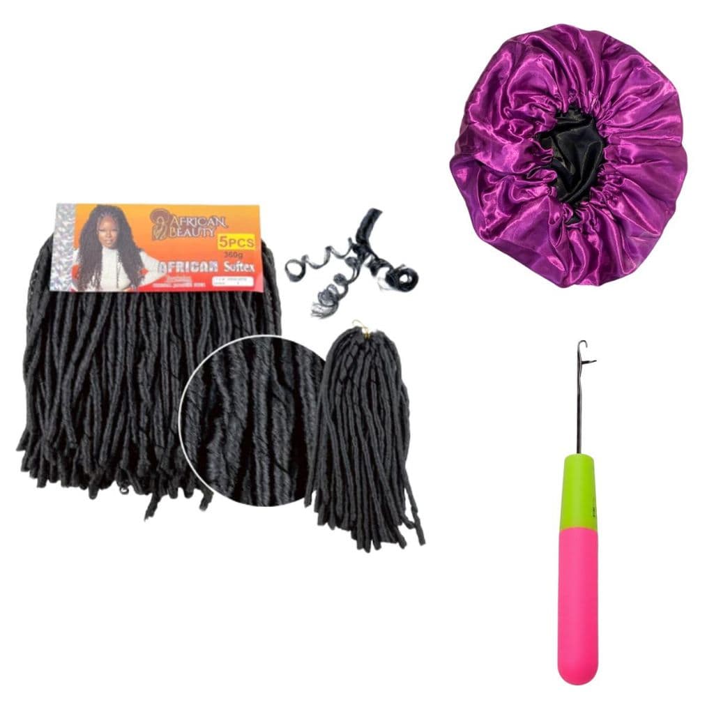 Kit Cabelo Cacheado Nina African Softex Pacotão 360 gramas Braid + Agulha para Crochet  + Touca de cetim