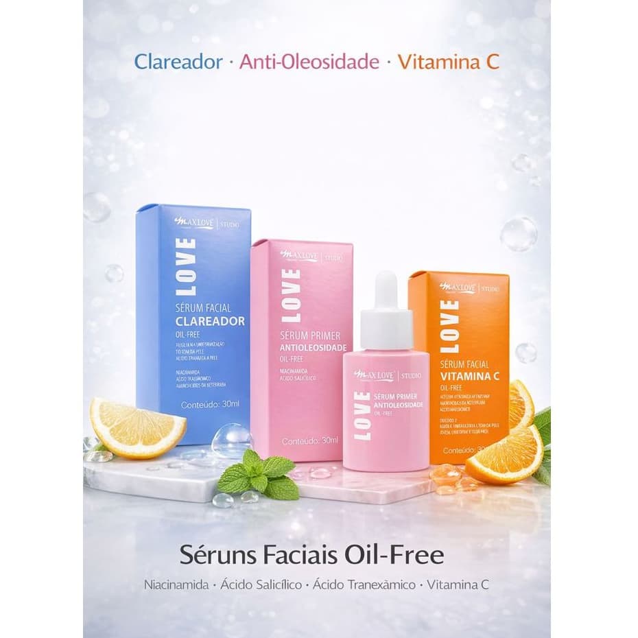 Kit 3un Séruns Faciais MAX LOVE Oil-Free 30ml | Clareador + Vitamina C + Antioleosidade, Uso Diario Perfeito e Economico