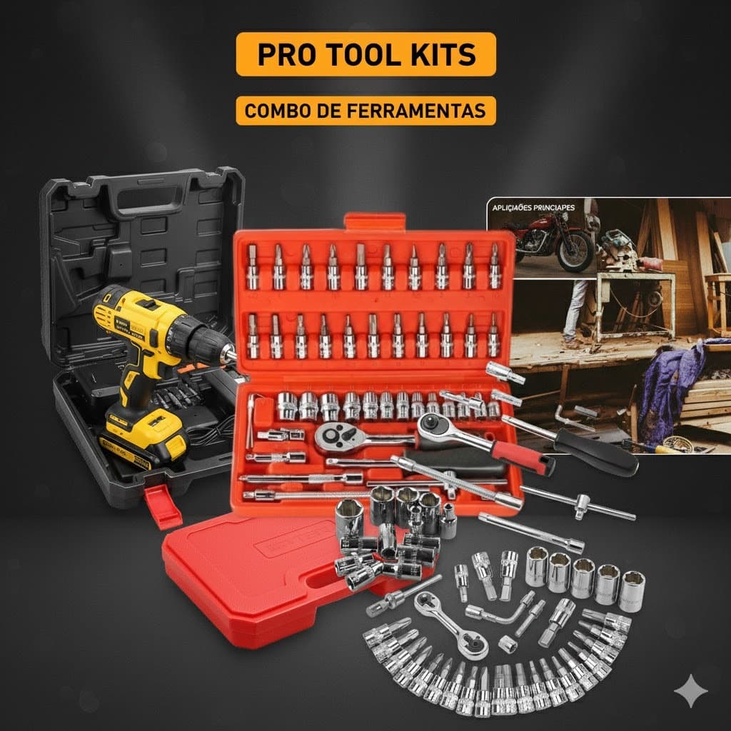 Kit Jogo de Ferramentas com 46 Peças Soquete Aço c/ Maleta +Parafusadeira Furadeira sem Fio Bateria Impacto 12V