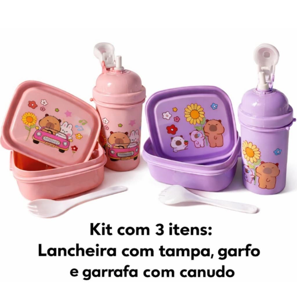 Kit Lancheira Infantil 3 Peças com Garrafa com Canudo e Garfo | Lanche Escolar Capivara