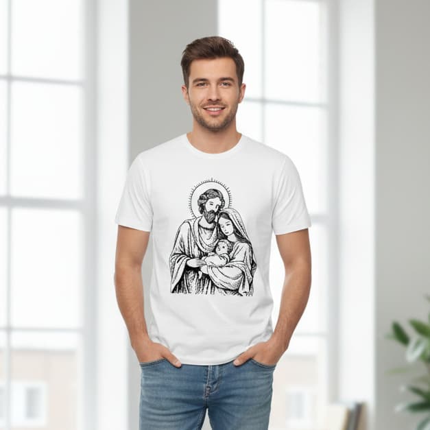 Camiseta Sagrada Família 100% Algodão Unissex Religiosa Católica T-Shirt Fio 30.1 Penteado Premium