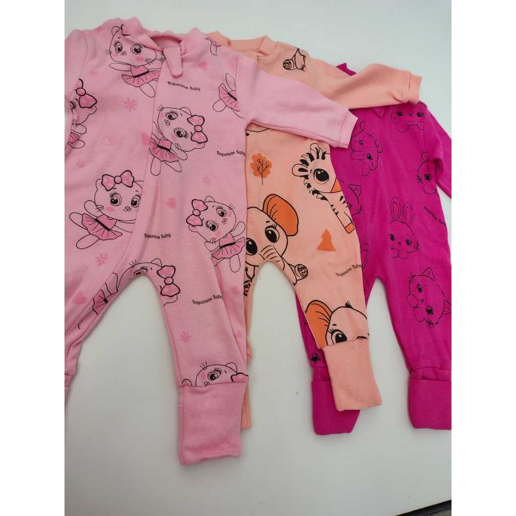 Macacão Bebê Algodão Pequenino Baby - Zíper Transversal Vira Pé - Várias Estampas Malha Tamanho -M
